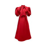 Fongt Large-Size Women's Summer New Bow Bow Pure Color Banquet Dress Skirt Short-Sleeved Dress