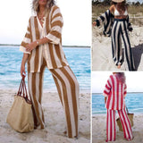 Fongt Women's Fashion 2025 Fashion V-Neck Collidered Striped Shirt Loose Broad Leg Trousers Knitted Set