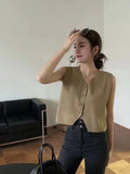 Fongt Korean Version Of Simple Solid Color Wear Knitted Vest Women 2023 New Retro Small V-Neck