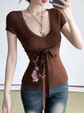 Fongt Print Niche Design Waist Tie With Short T-Shirt Hottie Simple Casual Top