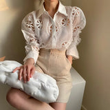 Lace White Blouse Women Hollow Out Flower Embroidery Shirt Sexy See Through Turn Down Collar Long Sleeve Top Blusa