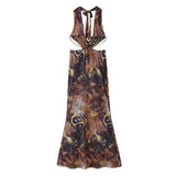 Fongt Summer Women's Clothing Hollow Print Beach Sleeveless Neck Dress