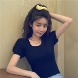 Fongt New Chic Temperament Slimming Foam Sleeve Round Collar Knitted Short-Sleeved T-Shirt White Blouse
