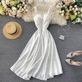 New Design Sense Careful Machine V Collar Back Retro Solid Color Waist Show Thin Hem Long Dress Women's Dress-Outfit