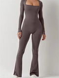 Women Jumpsuits Solid Long Sleeve Square Neck Low Cut Solid Slim Fit Autumn Rompers Flared Long Pants Streetwear 2023-Outfit