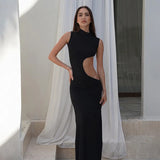 Black Mock Neck Tank Side Cut Out Maxi Dress-Outfit