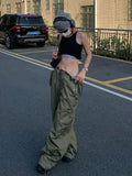 Army Green Low Rise Parachute Pants Women Cyber Y2K Vintage Pockets Cargo Trousers Oversize Wide Leg Joggers Edgy