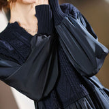 Knitted Patchwork Blouse Spring Autumn Korean Loose Women's Clothing Basic Fake Two Pieces Casual Half Open Collar Shirt-Outfit