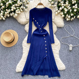 Fongt 2025 French Elegant Temperament Metal Button Repair Waist Long Pit Knitted Dress Woman