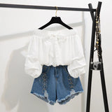 Summer two piece set New Off Shoulder Loose Half Lantern Sleeve Solid Cute Blouse Jean Shorts Two-Piece Outfit Casual