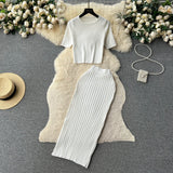Fongt Hot Girl Suit Female Summer Korean Version Round Collar Knit Short Sleeve Short Jacket High Purse Hip Skirt Two Sets-Outfit