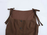 Brown Gingham Tie Up Square Neck Pleated Mini Dress-Outfit