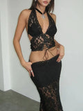 Plunge Neck Halter Low Waist Lace Two Piece-Outfit
