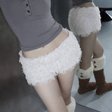 Fongt Autumn And Winter Snow White Plush Warm Low-Rise Leisure Home Pants Christmas Age Reduction Personality Tight Shorts