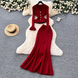 Fongt Thousand Gold Wind Senior Feeling Sister Suit Female Autumn Horn Sleeve Knitted Blouse + High-Waisted Fish Tail Half-Body Dress