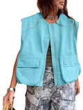 Fongt New Sleeveless Pocket Loose Vest Zipper Coat Woman