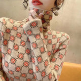 Lady Turtleneck Pullovers Autumn Winter Female Elegant Thick Slim Stylish Letter Printed All-match Long Sleeve T-shirt-Outfit