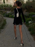 Long Sleeve Knit Ruffled Trim Mini Dress-Outfit