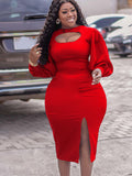 Fongt Large-Size Women's Clothing 2025 Autumn New Fashion Temperament Hollow Long Sleeve Open Fork Pure African Dress