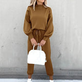 Fleece Pullover Sets Women Casual Lantern Sleeve Sweatshirt Drawstring Pants Solid Color Turtleneck 2 Piece Set