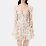 Long Sleeve Square Neck Floral Embroidered Mini Dress-Outfit
