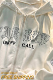 Embroidery Zip Up Hoodies Women Long Sleeve Sweatshirts Loose Hooded Jackets Y2K Clothes Grunge Punk Vintage Overcoat