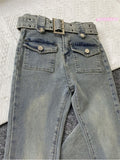Women Slim Pocket Flare Jeans Retro Solid High Waist Y2K Fashion Basic Autumn Ladies Streetwear Denim Wide Leg Pants With