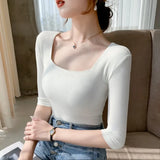 Sleeve Square Collar Slim Cotton T-shirt Tee Girls Solid Summer Basic High Elasticity Tshirts Crop Tops For Women-Outfit
