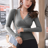 Shot Autumn And Winter New Low-Cut Tight Sexy Sweater Women's Thread Cross Deep V Neck Sweater Nightclub-Outfit