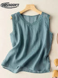 Vests Cotton Linen V Neck Women's Summer Top Casual Loose Embroidered Temperament Wears Suspenders Inside Blue