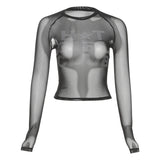 Fongt 2025 New Women's Fashion Hottie Sexy Round-Neck Printing Mesh Perspective To Repair Short T-Shirt Top