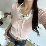 Sweet Spice Girl Lace Splicing Collision Color Fake Two Lace-Up Short-Sleeved T-Shirts Sweet Jackets For