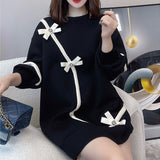 Spliced Solid Color Long Sleeve Dress for Women Spring Autumn Loose Korean Thick Round Neck Mini Dresses Female Clothing-Outfit