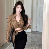 Retro V Neck Leopard Long Sleeves Shirt Women's Shirt Expose Navel Slim Sexy Temperament Bandage-Outfit