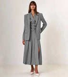 Buttoned Vest And Pleated Midi Skirt Two Piece Set-Outfit