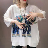 Elephant Printed Knitted Pullovers Casual Hollow Out Female Clothing Short Sleeve Korean Diamonds Summer Loose T-shirt-Outfit