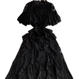 Fongt Women's Summer Design Sensing Splicing Round Collar Horn Sleeves To Close The Waist Thin Lace Lotus Side Dress