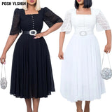 Sexy Chiffon Patchwork African Dresses for Women 2022 Summer Clothes Long Dress Party White Black Elegant Belt Robe Longue