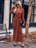 Fongt New 2024 Women's V-Neck Solid Color Kink Waist Long-Sleeved Dress-Outfit