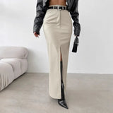 Fongt Women's Wear 2024 Leather Design Sense Open Fork Solid Color High Waist Simple Leather Slim Body Skirt-Outfit