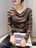 Spring Summer Double-Layer Mesh Top Long Sleeve Printing T-shirt Woman Slim Fitting Tee For Female-Outfit