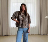 Fashion Casual Leopard Print Hollowed-Out Lace-Up Bubble Sleeve Shirt Women's Top-Outfit