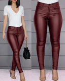 Fongt Women's Pants Solid Color PU Leather Pants Sexy Small Foot Pants Spicy Trousers High Waist Thin