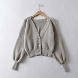 Spring New INS Lazy Sweater V-Collar Plush Coat Vintage Bubble Sleeve Sweater Women's Trend-Outfit