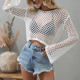 Women Wool Knitwear Solid Color Mesh Round-Neck Long Sleeve Knitted Pullover Tops For Ladies 5 Colors Beachwear Bikini Cover