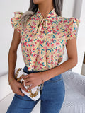 Fongt Shooting Spring And Summer Leisure Flowers And Wood Ears With Bow Chiffon Shirt Women's Clothing