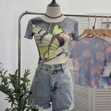 Single-Layer Thin Mesh Tie-Dye-Repair Short-Sleeved T-Shirt For Girls Summer Short-Sleeved Hottie Top