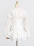 Fongt Wind Mesh Dress Woman 2025 New Fish Bone Repair Wood Ear Splicing Design Solid Dress