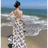 Fongt Photo Rose Vacation Style Hanging Ter Dress Retro Back Super Slim Slit Dress-Outfit