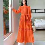 Fongt Style Dress Summer Dress Women's Heavy Industry Hollow Lace Splicing Long French Lantern Sleeve Dress